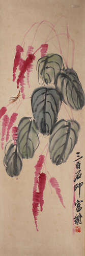 A Chinese Flower Painting Paper Scroll, Qi Baishi Mark