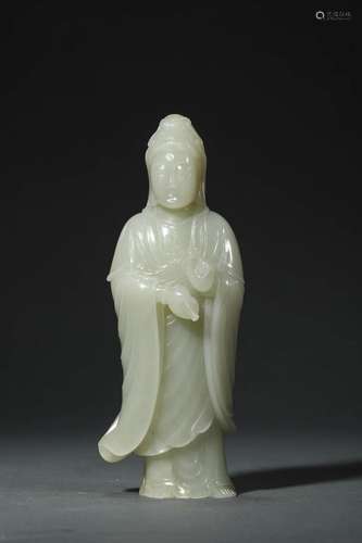 QianLong Carved White Jade Guanyin Statue