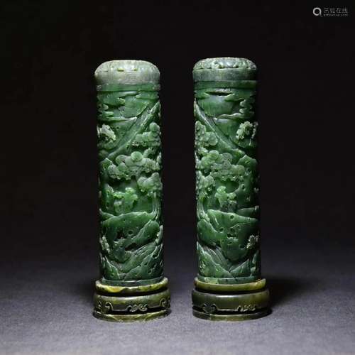 Qing Dynasty, A Pair of Carved Jade Joss Stick Holders