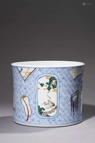 Qing Dynasty: Wucai with Poem Brush Pot