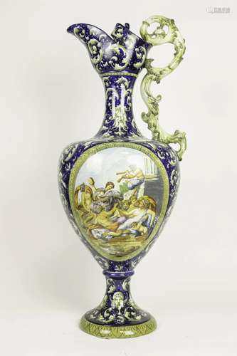 MASSIVE MAJOLICA COBALT BLUE BACKGROUND EWER