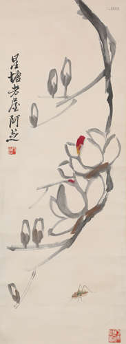 A Chinese Orchid Painting Paper Scroll, Qi Baishi Mark