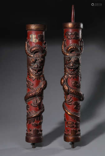 A Pair of Lacquer Wood Dragon Candlesticks