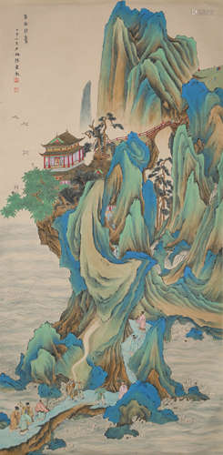 A Chinese Landscape and Pavilion Painting Paper Scroll, Chen...