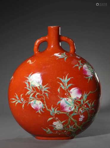 A Coral-Red Ground Flower Moon Flask