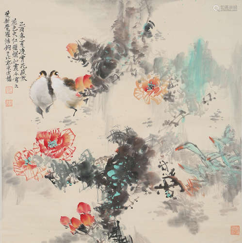 A Chinese Flower and Bird Painting Paper Scroll, Jin Hongjun...