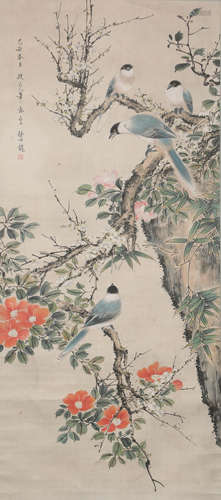 A Chinese Wagtail and Flower Painting Paper Scroll, Yan Bolo...