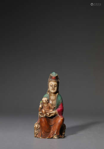 A Carved Shoushan Stone Figure of Guanyin