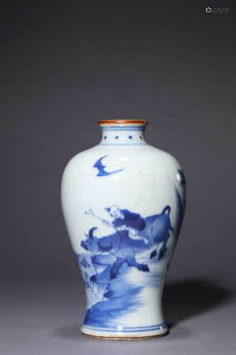 A Blue and White Ox Herding Meiping Vase