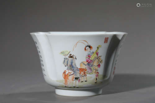 A Famille Rose Figure Lobed Bowl