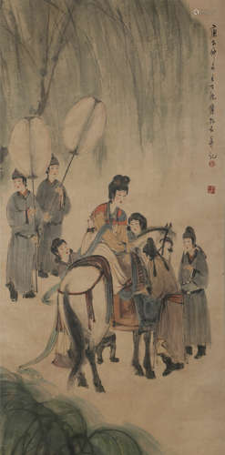 A Chinese Figure Painting Paper Scroll, Fu Baoshi Mark