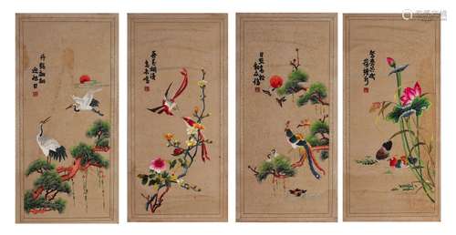 Four Embroidered Kesi Flower and Bird Panels