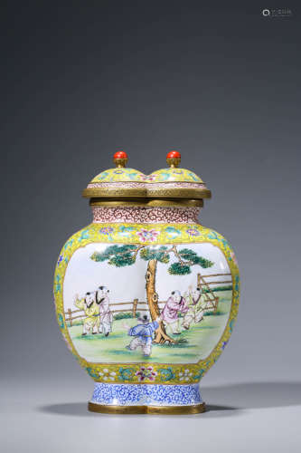 A Painted Enamel Conjoined Vases