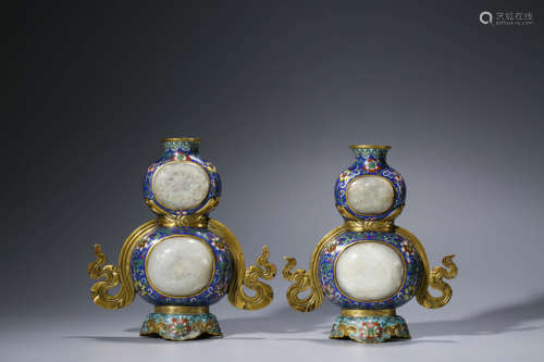 A Pair of Jade Inlaid Cloisonné Enamel Wall Vases