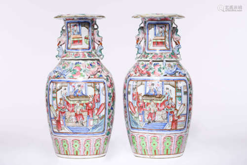 A Pair of Famille Rose Figure Lobed Vases