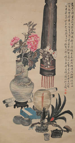 A Chinese Flower and Vase Painting Paper Scroll, Wang Kun Ma...