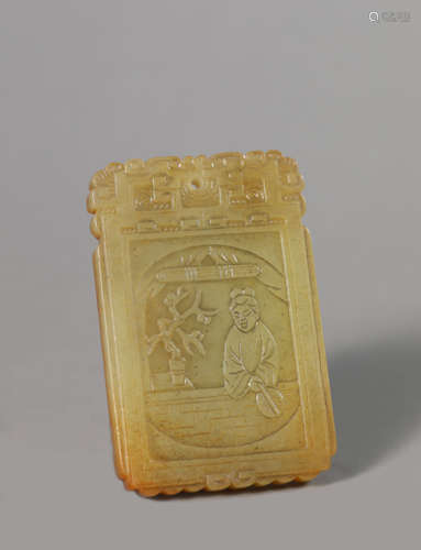 A Carved Yellow Jade Figure Plaque Pendant