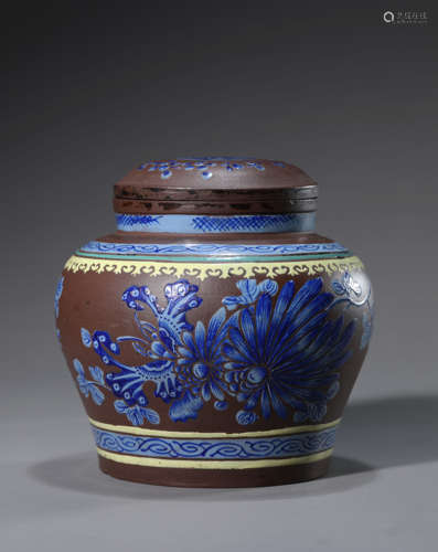 A Polychrome Purple Clay Tea Caddy