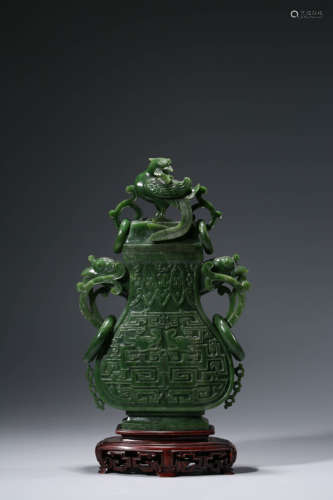 A Spinach-Green Jade Taotie Pattern Double-Eared Vase