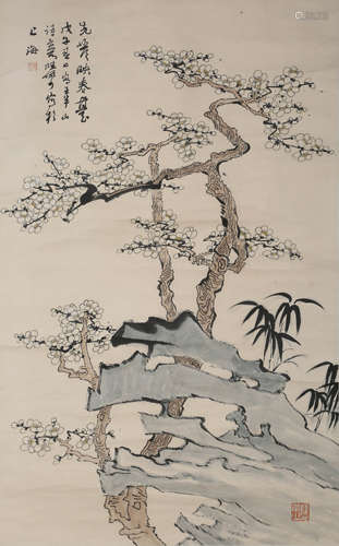 A Chinese Stone and Tree Painting Paper Scroll, Lu Yanshao M...