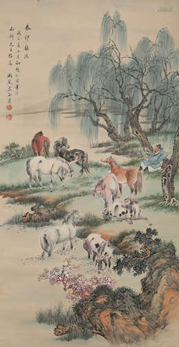 A Chinese Horses and Willow Painting Paper Scroll, Ge Xiangl...