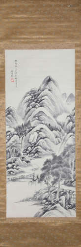 A Chinese Landscape Painting Paper Scroll, Wu Hufan Mark