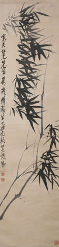 A Chinese Bamboo Painting Paper Scroll, Wu Changshuo Mark