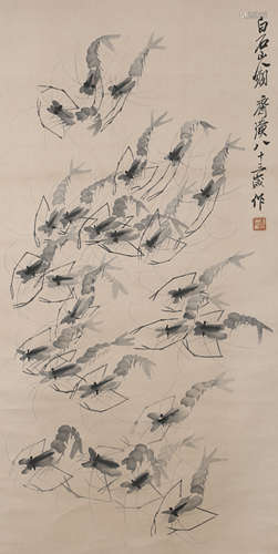 A Chinese Shrimps Painting Paper Scroll, Qi Baishi Mark