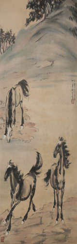 A Chinese Horse Painting Paper Sroll, Xu Beihong Mark