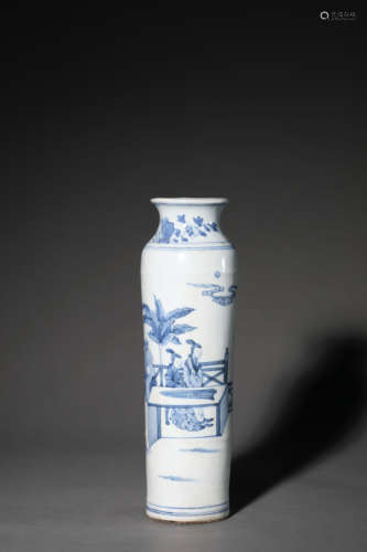 A Blue and White Figure Rouleau Vase