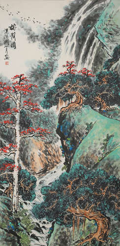 A Chinese Landscape Painting Paper Scroll, Guan Shanyue Mark