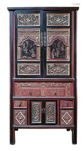 Antique Carved Wood Lacquer Gilt Storage Cabinet