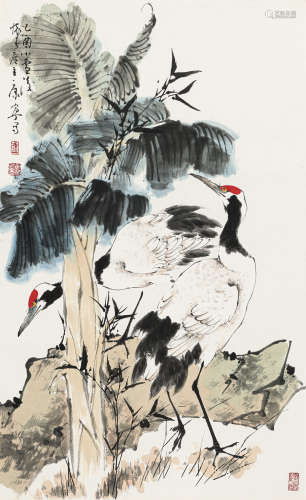 康宁 乙酉（2005） 双鹤 设色纸本 托片
