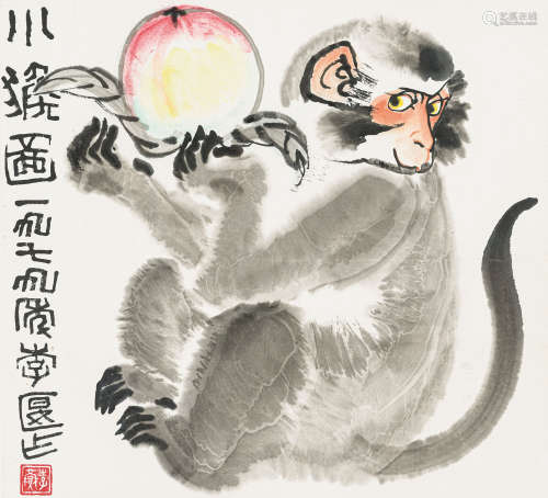 李燕  小猴图 设色纸本 镜框