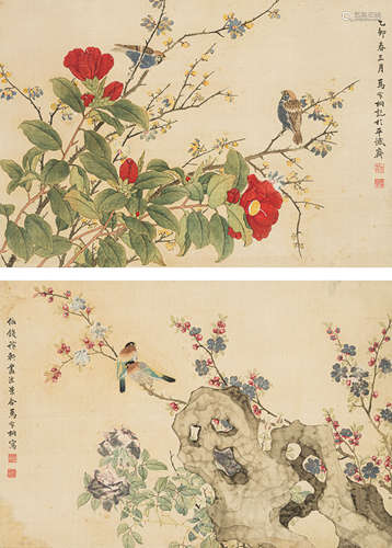 马家桐  乙卯（1915） 花鸟两幅 设色绢本 镜框