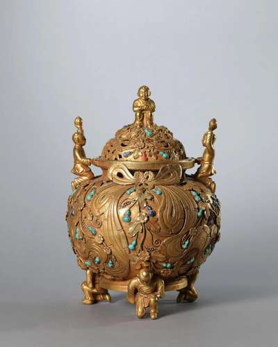 A Hardstone Inlaid and Gilt Bronze Figural Censer