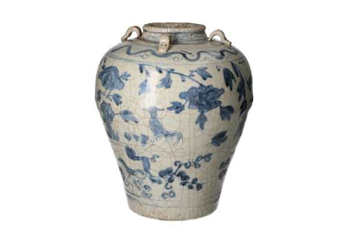 A blue and white Swatow porcelain martaban jar with four ear...