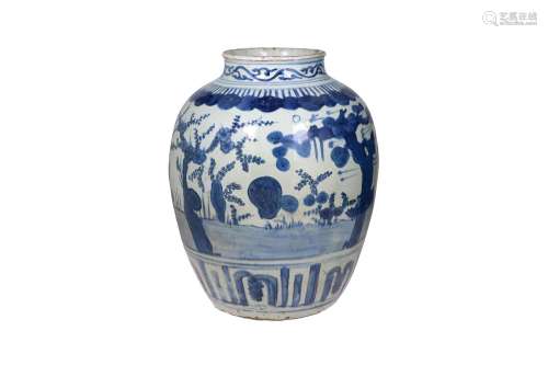 A blue and white porcelain vase, decorated with a bird and b...