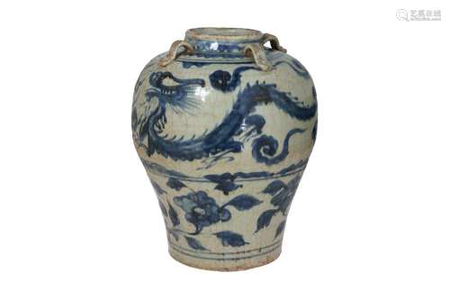 A blue and white Swatow porcelain jar with four ears, decora...