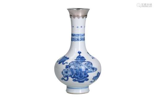 A blue and white porcelain vase with silver mounting, decora...