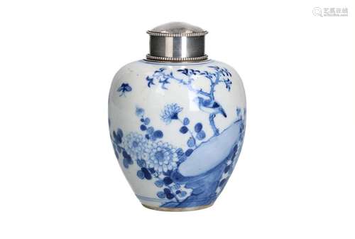 A blue and white porcelain jar with later silver mounting, d...