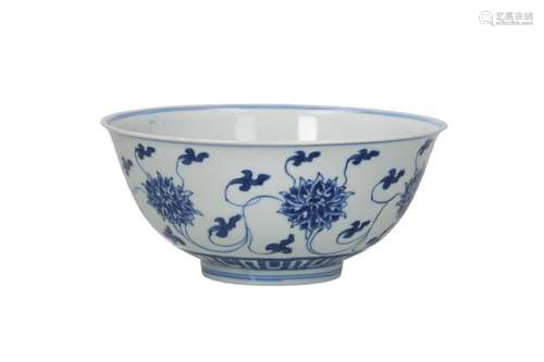 A blue and white porcelain bowl, decorated with flowers. Mar...