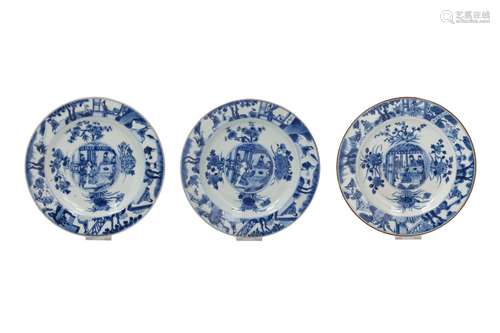 A set of three blue and white porcelain dishes, decorated wi...