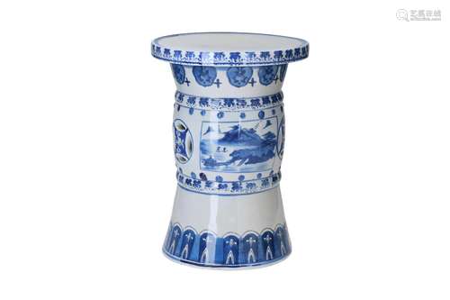 A blue and white porcelain garden seat, decorated with reser...