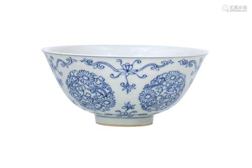 A blue and white porcelain bowl, decorated with flowers. Mar...