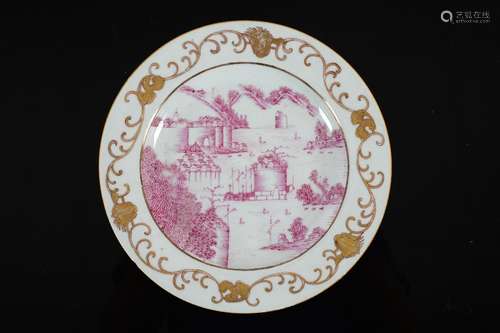 A pink and white Chine de commande porcelain dish, decorated...