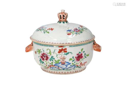 A famille rose porcelain tureen with two grips in the shape ...