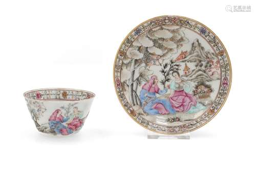 A polychrome Chine de commande porcelain cup with saucer, de...