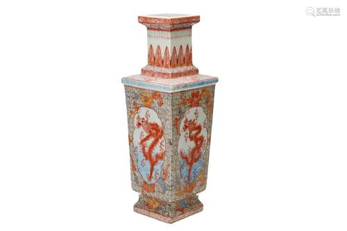 A square polychrome porcelain vase, decorated with flowers a...