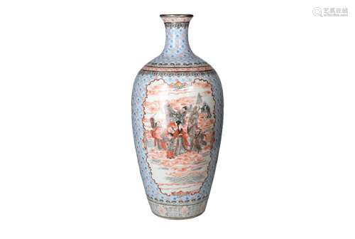 A polychrome porcelain vase, decorated with reserves depicti...